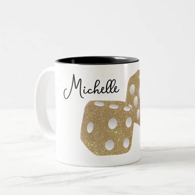 Gold Glitter Dice Personalised Name Two-Tone Coffee Mug (Front Left)