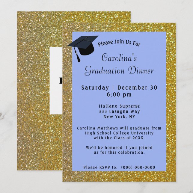 Gold Glitter Dinner Blue Graduation Invitation (Front/Back)