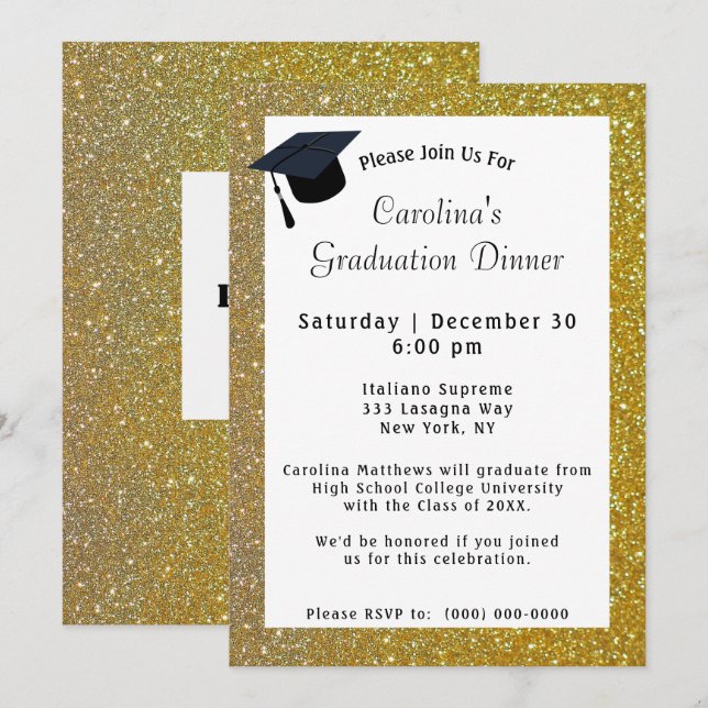 Gold Glitter Dinner White Graduation Invitation (Front/Back)
