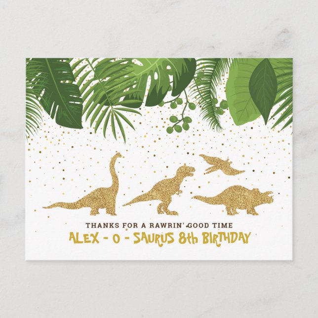 Gold Glitter Dinosaur Tropical Thank You Card (Front)