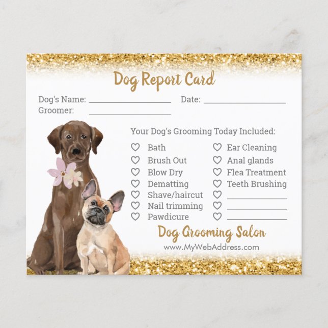 Gold Glitter Dog Grooming Report Card Flyer (Front)