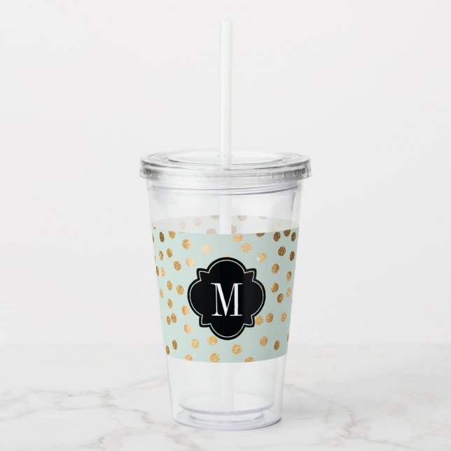 Gold Glitter Dots on Mint Monogrammed Acrylic Tumbler (Front)