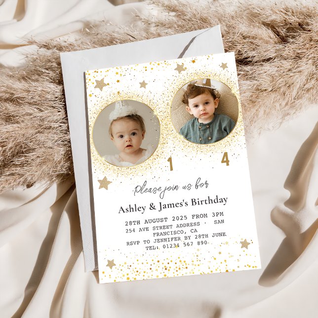 Gold Glitter Double Birthday Kids Photo Invitation (Creator Uploaded)