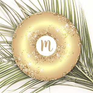 Gold glitter doughnut monogram script bold luxury round paper coaster