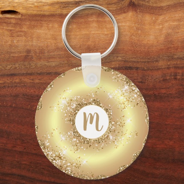 Gold glitter doughnut monogram script girly luxury key ring (Front)