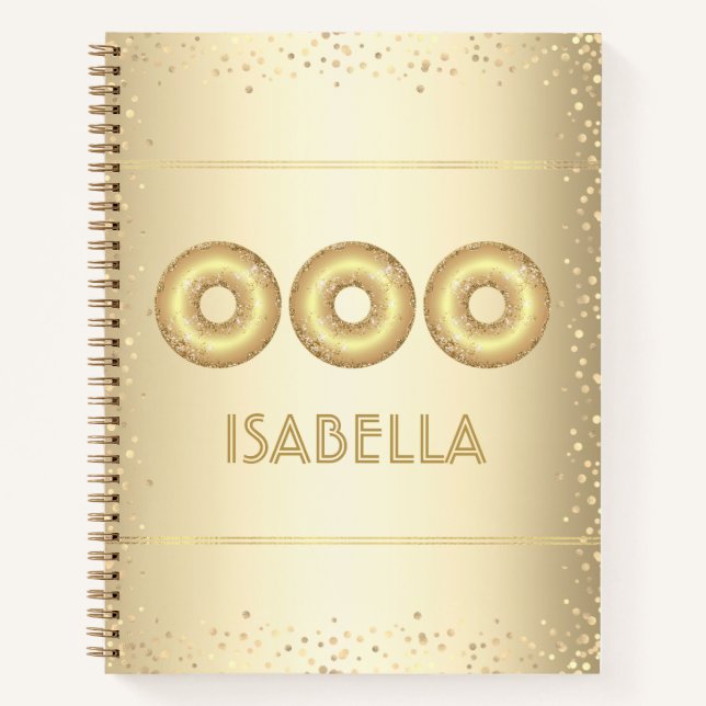 Gold glitter doughnuts bold modern girly fun name notebook (Front)