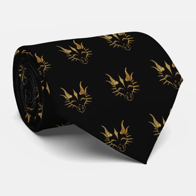 Gold Glitter Dragon with eyebrows lowered Neck Tie (Rolled)