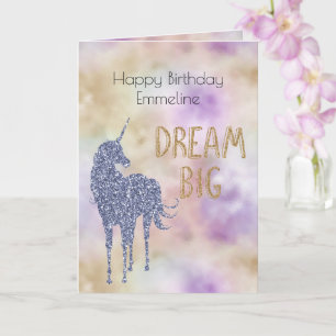 Gold Glitter Dream Big Unicorn Personalised   Card