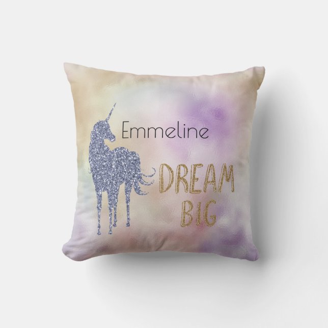 Gold Glitter Dream Big Unicorn Personalised Name   Cushion (Front)