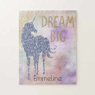 Gold Glitter Dream Big Unicorn Personalised Name   Jigsaw Puzzle