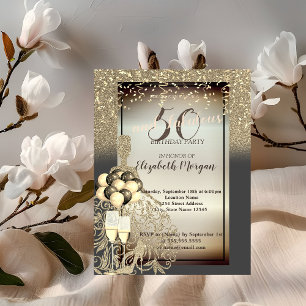 Gold Glitter Dress,Ballons,50th Birthday Party Invitation