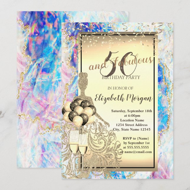 Gold Glitter Dress,Ballons,Opal 50th Birthday  Invitation (Front/Back)