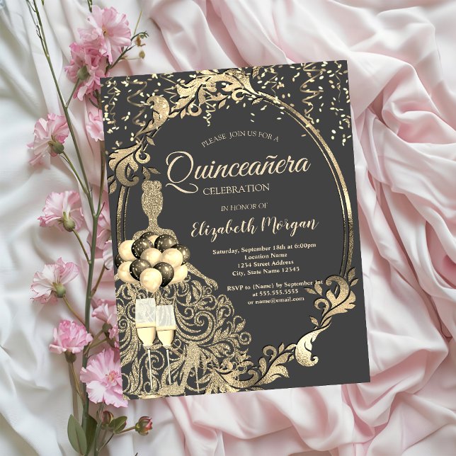 Gold Glitter Dress,Balloons Glitter Quinceanera  Invitation (Creator Uploaded)