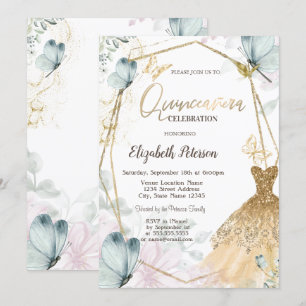 Gold Glitter Dress Blue Butterflies Gold Frame  Invitation