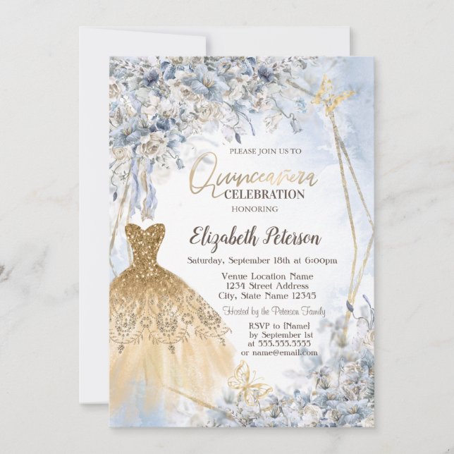 Gold Glitter Dress Blue Flowers Quinceanera Invitation (Front)