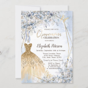 Gold Glitter Dress Blue Flowers Quinceanera Invitation