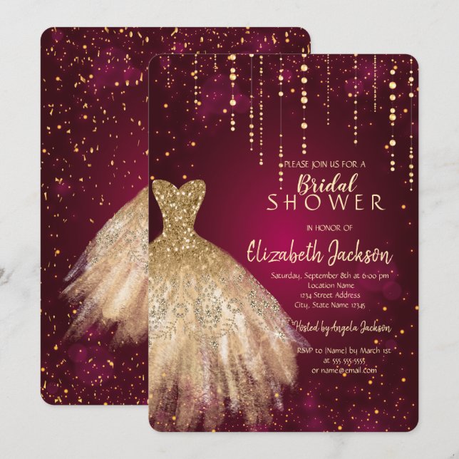 Gold Glitter Dress,Confetti Burgundy Bridal Shower Invitation (Front/Back)