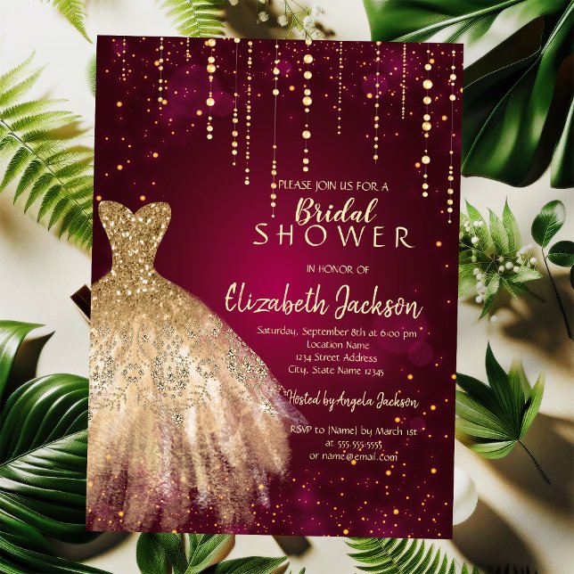 Gold Glitter Dress,Confetti Burgundy Bridal Shower Invitation (Creator Uploaded)