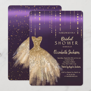 Gold Glitter Dress,Confetti Violet Bridal Shower Invitation