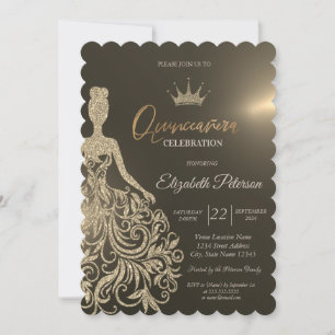 Gold Glitter Dress,Diamonds Gold Quinceanera Invitation