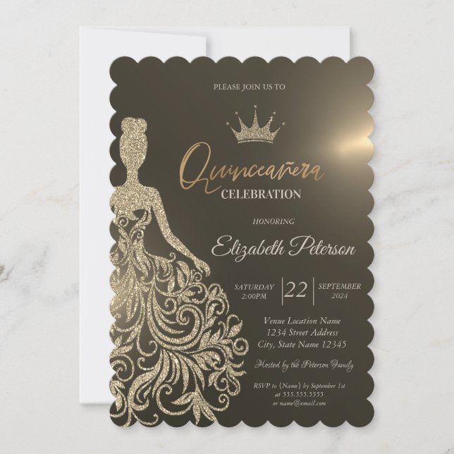 Gold Glitter Dress,Diamonds Gold Quinceanera Invitation (Front)