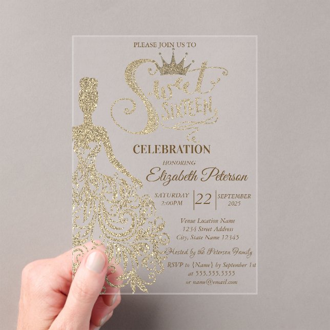 Gold Glitter Dress,Diamonds Green Sweet 16 Acrylic Invitations (Insitu (Handheld))