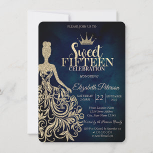 Gold Glitter Dress,Diamonds Navy Blue Sweet 15 Invitation
