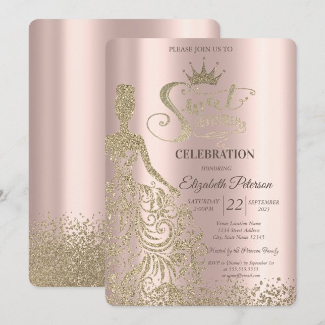 Gold Glitter Dress,Diamonds Rose Gold Sweet 17   Invitation (Front/Back)
