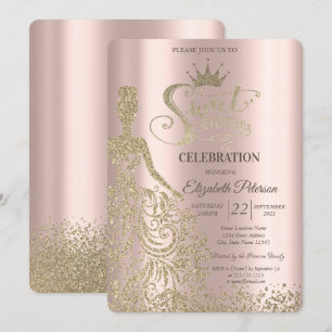 Gold Glitter Dress,Diamonds Rose Gold Sweet 17   Invitation