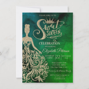 Gold Glitter Dress,Diamonds Watercolor Green Invitation