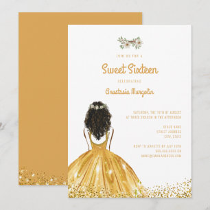 Gold Glitter Dress Floral Sweet 16 16th Birthday Invitation