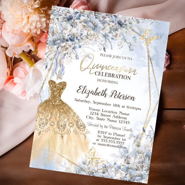 Gold Glitter Dress Flowers Butterfly Quinceanera Invitation (Creator Uploaded)