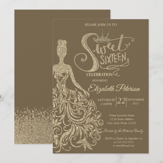 Gold Glitter Dress Girl Crown,Diamonds Sweet 16 Invitation (Front/Back)