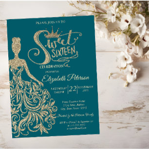 Gold Glitter Dress Girl Tiara, Diamonds  Sweet 16 Invitation