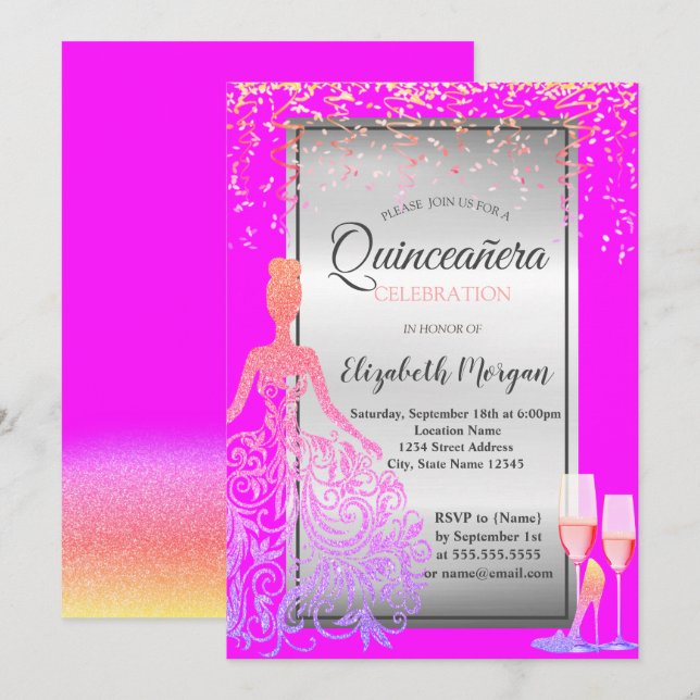 Gold Glitter Dress,Heels, Pink Quinceañera Invitation (Front/Back)