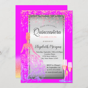 Gold Glitter Dress,Heels, Pink Quinceañera Invitation