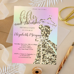 Gold Glitter Dress,Holographic 50th Birthday Party Invitation