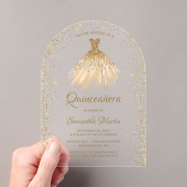 Gold Glitter Dress Quinceañera Party Acrylic Invitations (Insitu (Handheld))