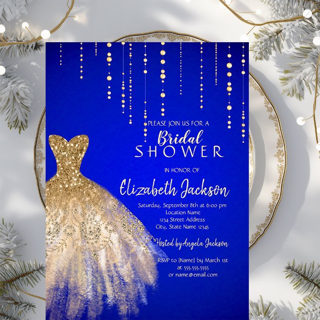 Gold Glitter Dress Royal Blue Bridal Shower Invitation (Creator Uploaded)