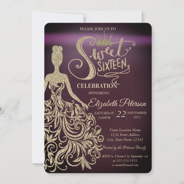 Gold Glitter Dress,Tiara Burgundy Sweet 16 Invitation (Front)