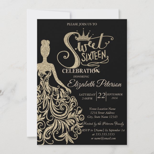 Gold Glitter Dress,Tiara, Diamonds Black Sweet 16 Invitation (Front)