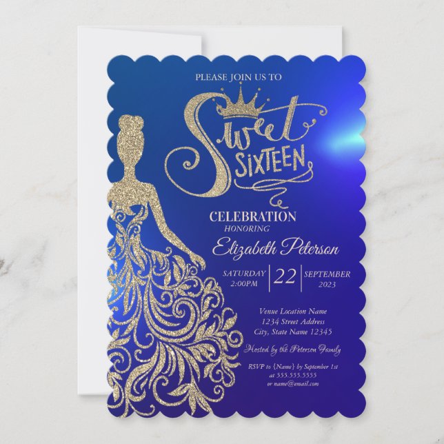 Gold Glitter Dress,Tiara, Diamonds Blue Sweet 16  Invitation (Front)