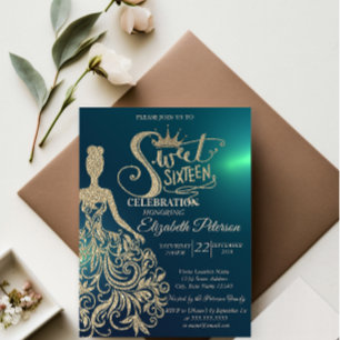 Gold Glitter Dress,Tiara, Diamonds Green Sweet 16 Invitation