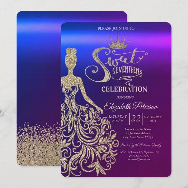 Gold Glitter Dress,Tiara,Diamonds Ombre Sweet 17  Invitation (Front/Back)