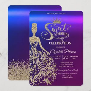 Gold Glitter Dress,Tiara,Diamonds Ombre Sweet 17  Invitation