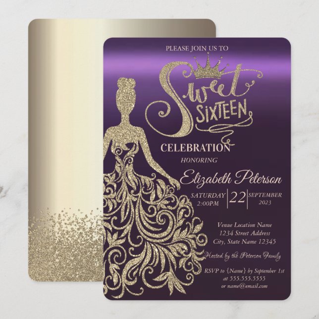 Gold Glitter Dress,Tiara,Diamonds Purple Invitation (Front/Back)