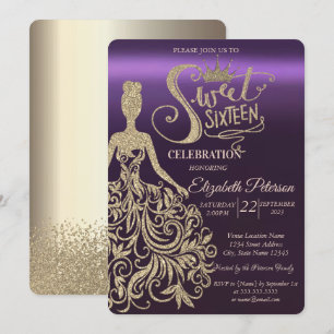 Gold Glitter Dress,Tiara,Diamonds Purple Invitation