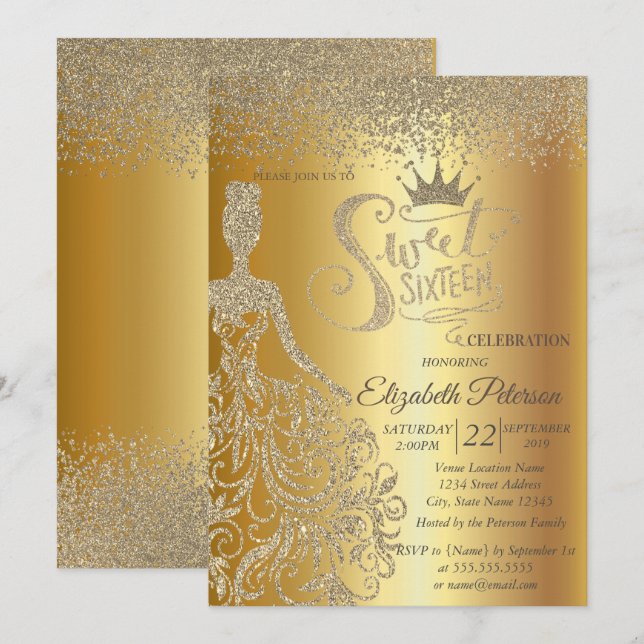 Gold Glitter Dress,Tiara, Diamonds Sweet 16 Invitation (Front/Back)