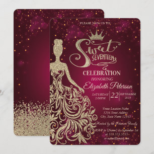 Gold Glitter Dress,Tiara, Diamonds Sweet 17 Invitation