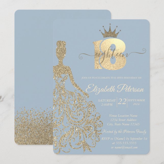 Gold Glitter Dress,Tiara,Dusty Blue 18th Birthday Invitation (Front/Back)